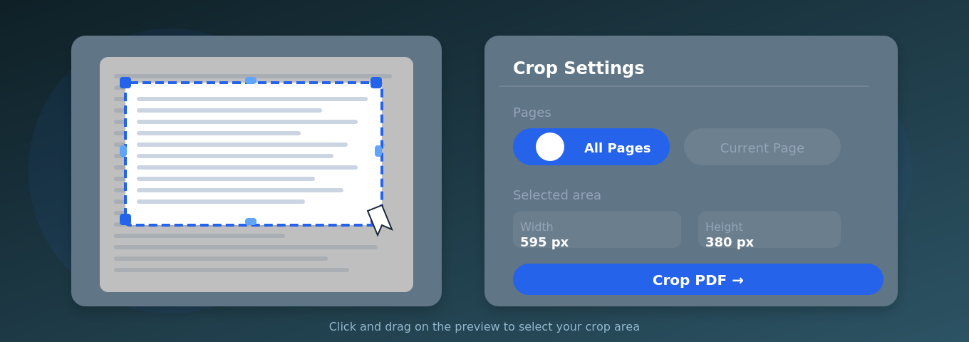 Crop settings panel showing selected crop area width and height in pixels