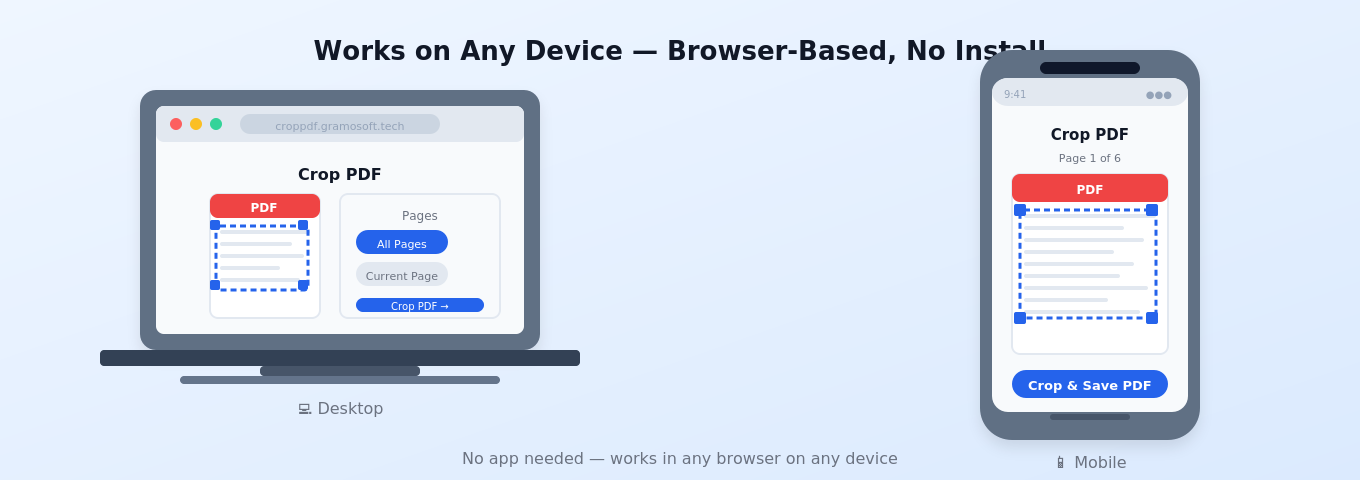 CropPDF works on desktop and mobile browsers, no app install needed