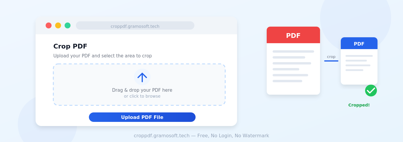 Crop PDF tool screenshot &mdash; upload your PDF and drag to select the crop area