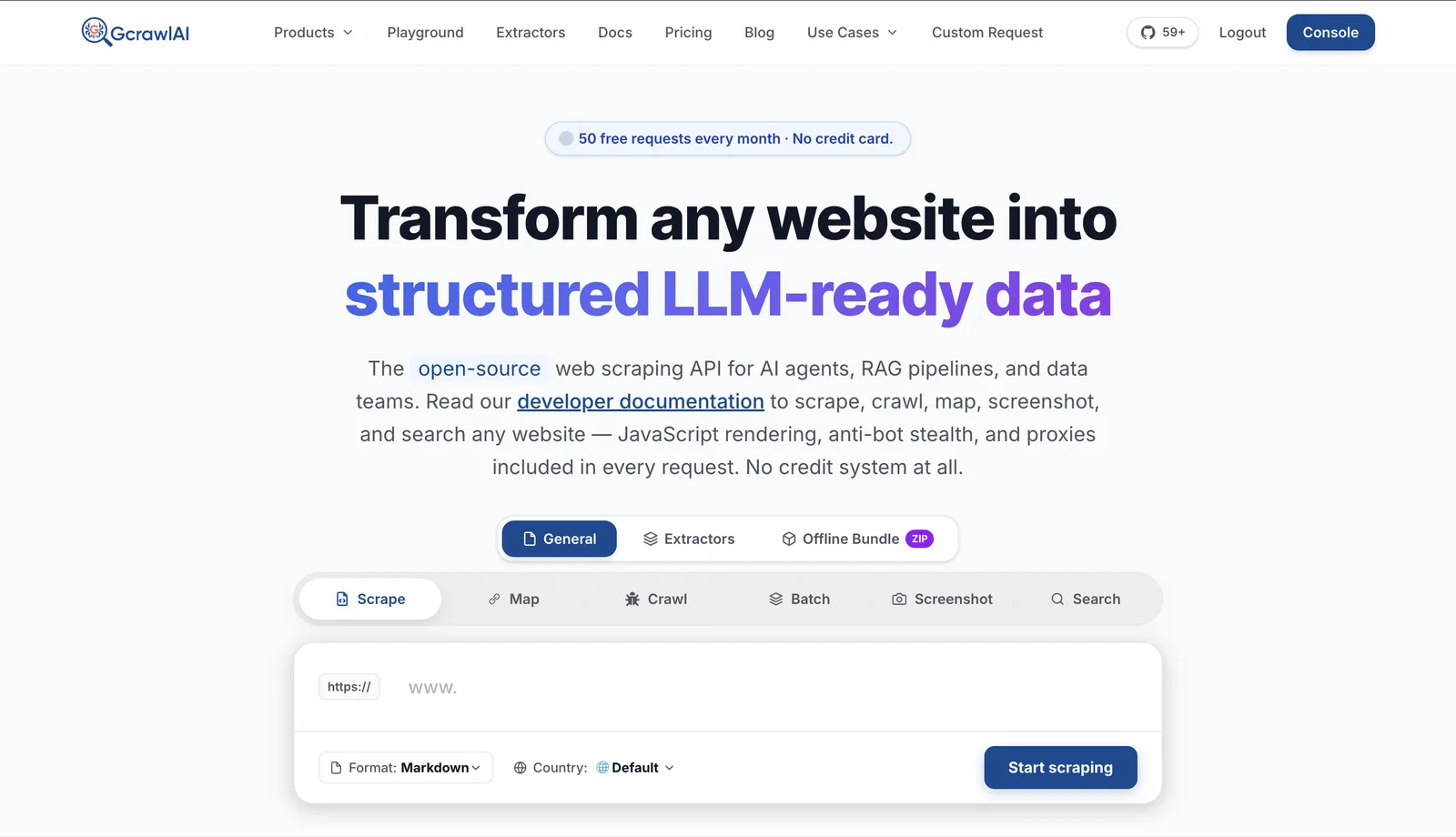 GcrawlAI homepage with the logo and menu (Products, Playground, Extractors, Docs, Pricing, Blog, Use Cases, Custom Request): an open-source web scraping API for AI agents, RAG pipelines and data teams, with tabs for Scrape, Map, Crawl, Batch, Screenshot and Search, a Markdown format option, a country selector and a Start scraping button