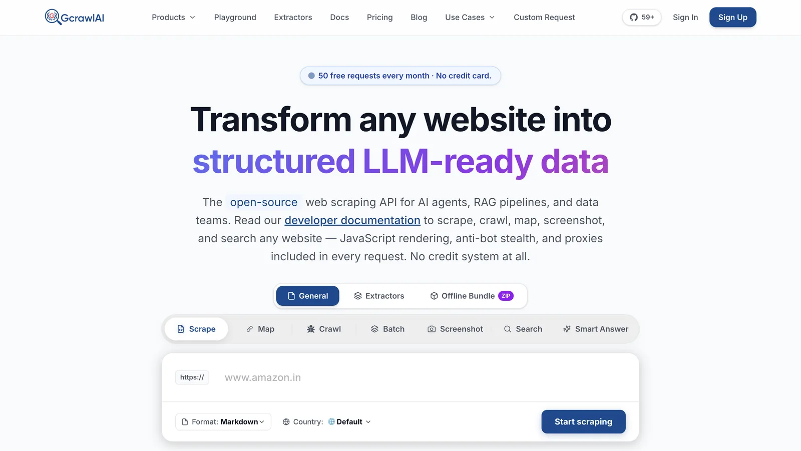 GcrawlAI homepage with the logo and menu (Products, Playground, Extractors, Docs, Pricing, Blog, Use Cases, Custom Request): the open-source web scraping API for AI agents, RAG pipelines and data teams, 50 free requests every month with no credit card, General, Extractors and Offline Bundle modes, and tabs for Scrape, Map, Crawl, Batch, Screenshot, Search and Smart Answer above a URL box