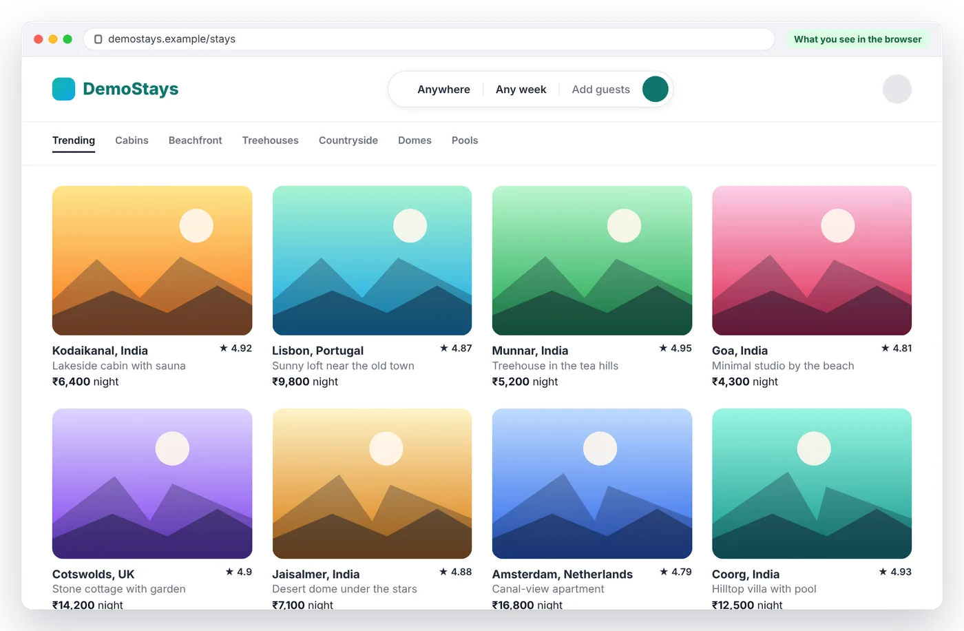 DemoStays demo rental site rendered in Chrome, showing eight listing cards with locations, ratings and nightly prices