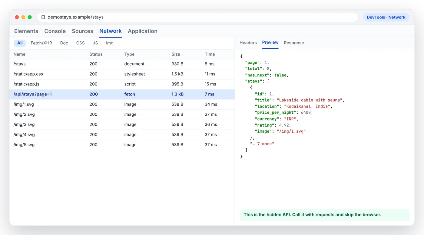 Chrome DevTools Network tab for DemoStays with the api/stays fetch request selected and its JSON response previewed